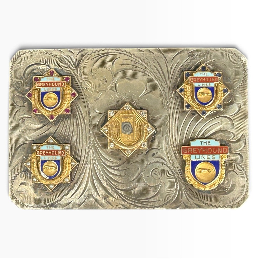 Vintage Greyhound Lines Sterling Silver 10k Gold Pin Belt Buckle 58g Fine Patina